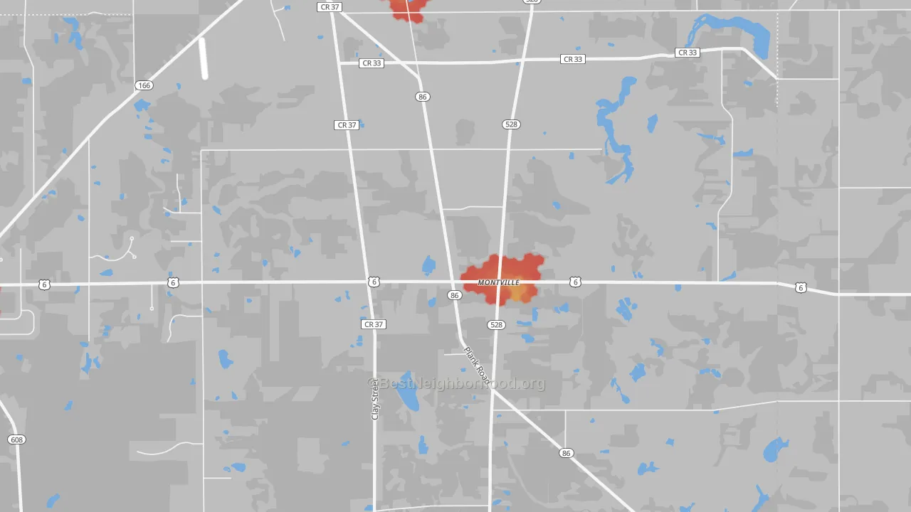Walk Grade map of Montville, OH, walkable areas in green and car-dependent areas in red