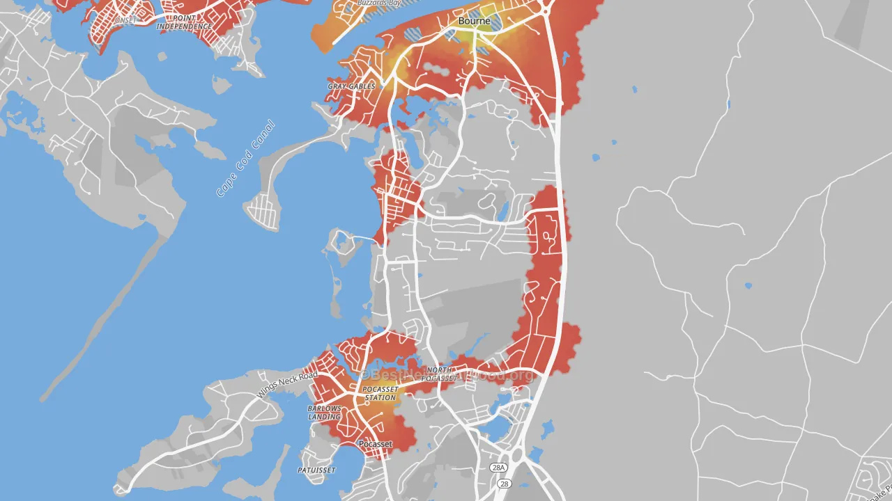Walk Grade map of Monument Beach, MA, walkable areas in green and car-dependent areas in red