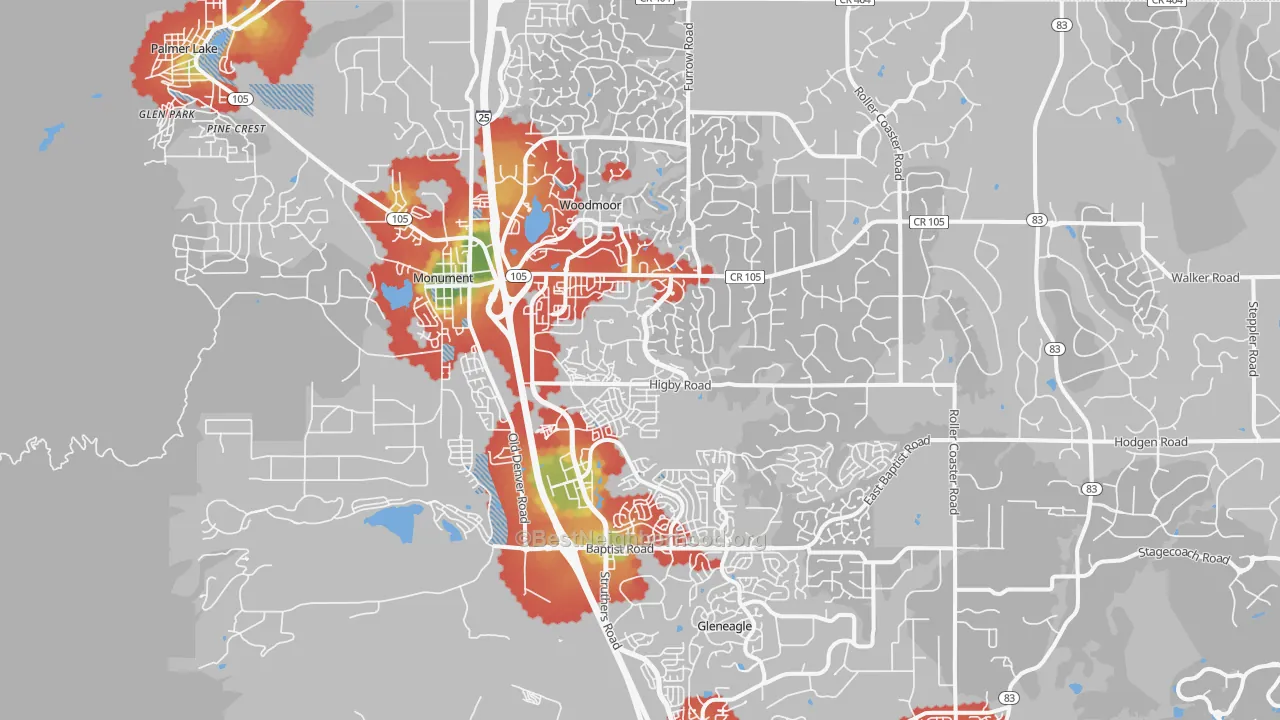 Walk Grade map of Monument, CO, walkable areas in green and car-dependent areas in red