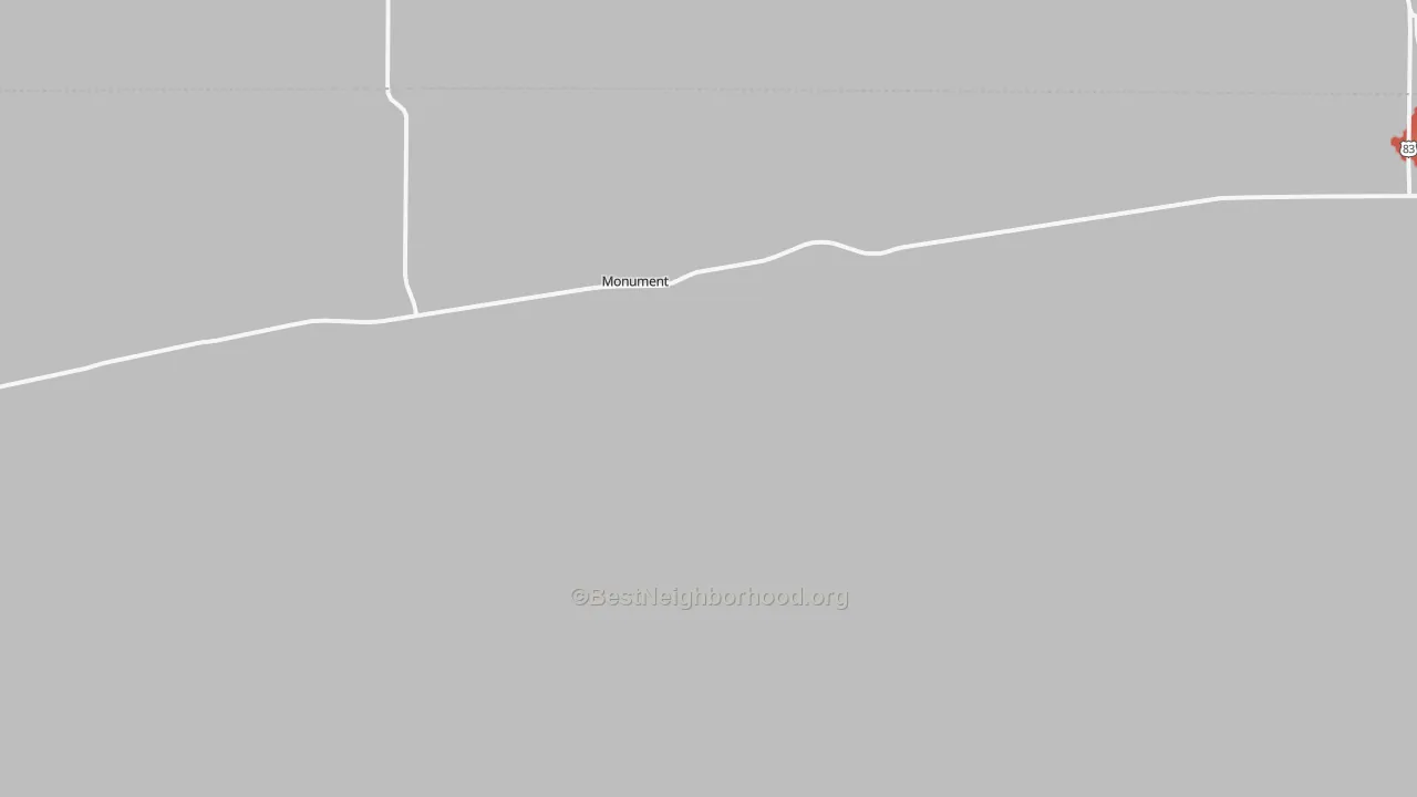 Walk Grade map of Monument, KS, walkable areas in green and car-dependent areas in red