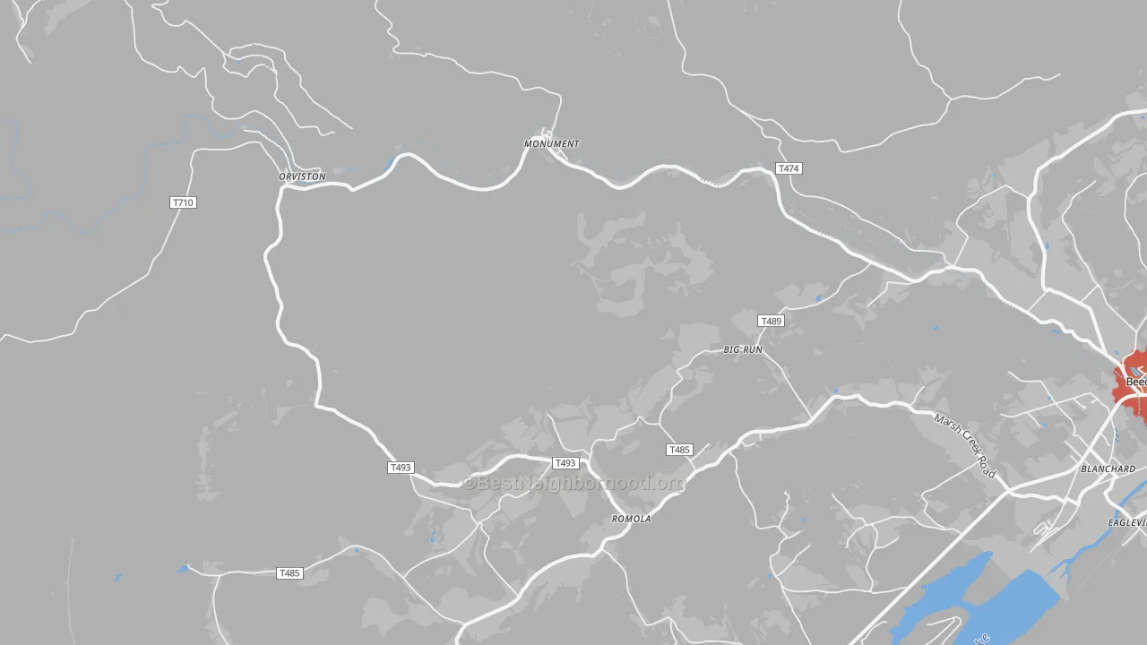 Walk Grade map of Monument, PA, walkable areas in green and car-dependent areas in red