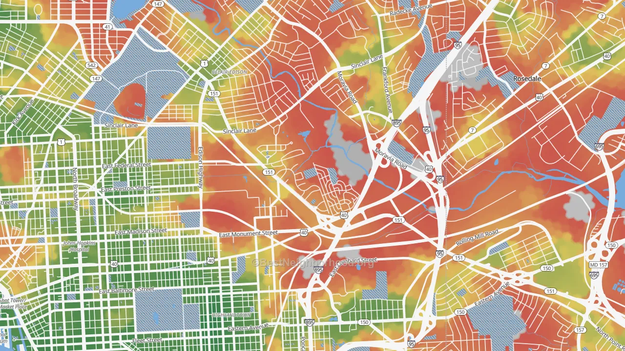Walk Grade map of Monument Street, Baltimore, MD, walkable areas in green and car-dependent areas in red