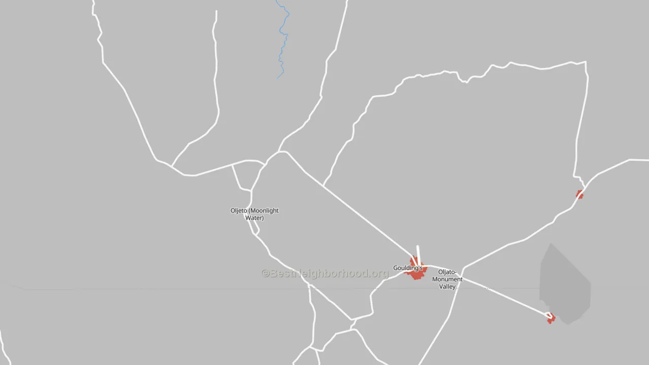 Walk Grade map of Monument Valley, UT, walkable areas in green and car-dependent areas in red