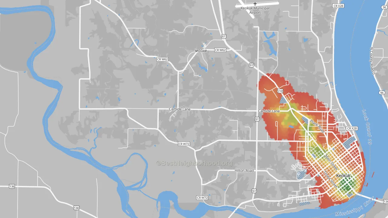 Walk Grade map of Mooar, IA, walkable areas in green and car-dependent areas in red
