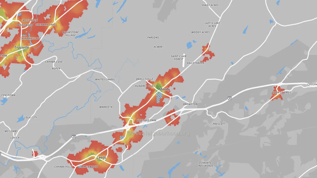 Walk Grade map of Moody, AL, walkable areas in green and car-dependent areas in red