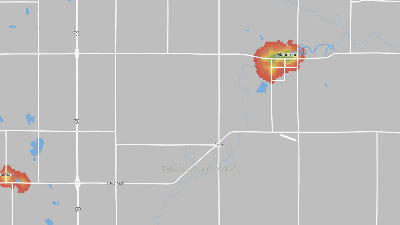Walk Grade map of Moody County, SD, walkable areas in green and car-dependent areas in red