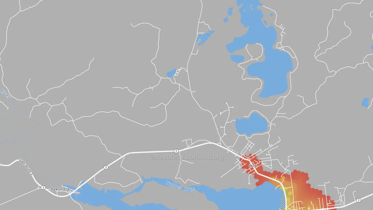 Walk Grade map of Moody, NY, walkable areas in green and car-dependent areas in red