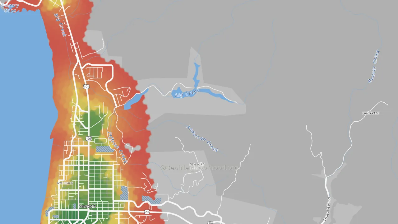 Walk Grade map of Moody, OR, walkable areas in green and car-dependent areas in red