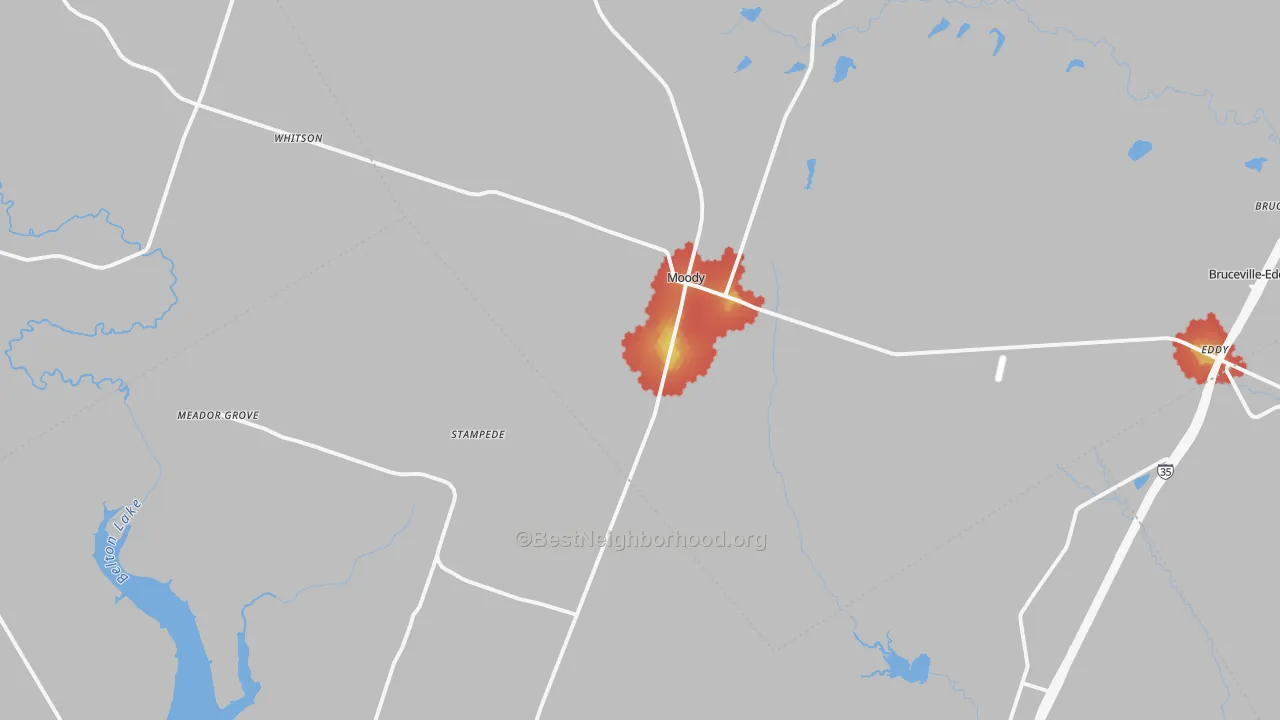 Walk Grade map of Moody, TX, walkable areas in green and car-dependent areas in red