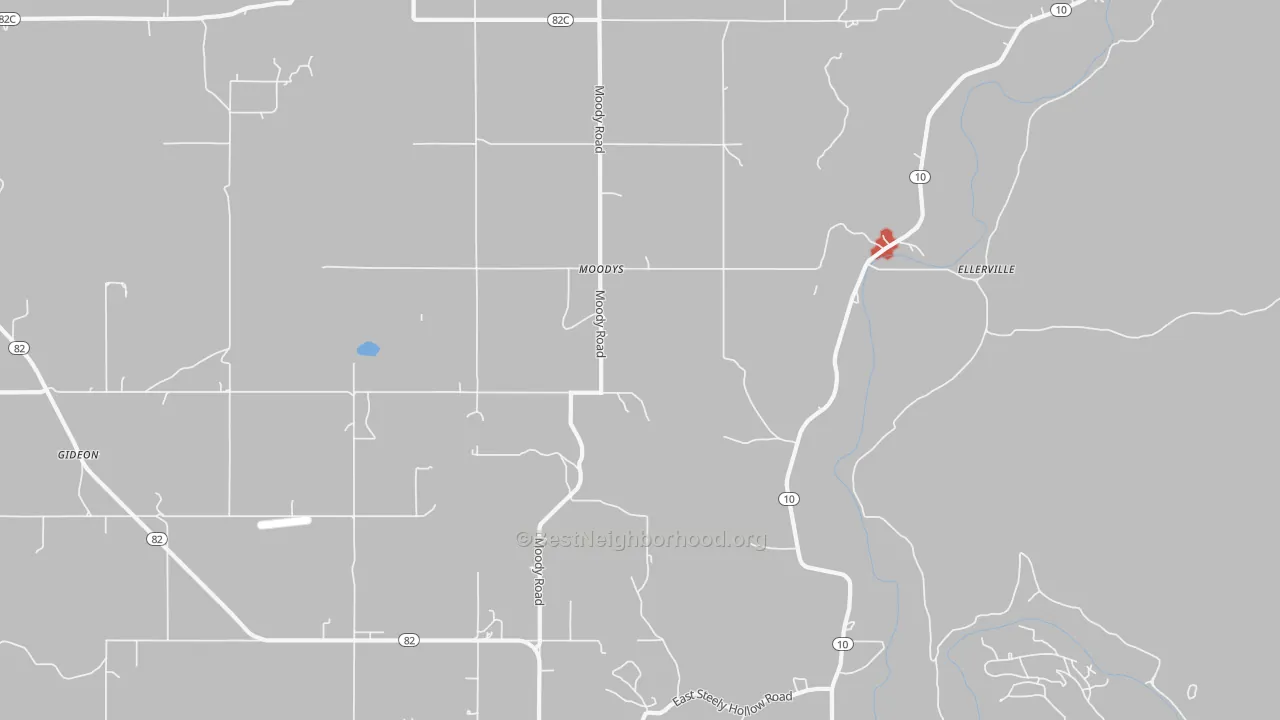 Walk Grade map of Moodys, OK, walkable areas in green and car-dependent areas in red