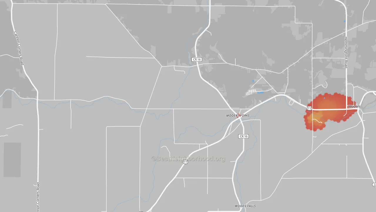 Walk Grade map of Mooers Forks, NY, walkable areas in green and car-dependent areas in red