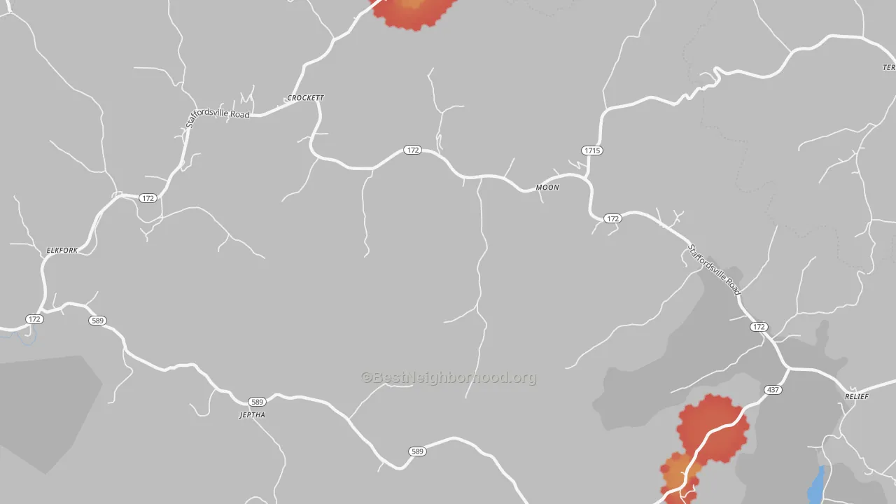 Walk Grade map of Moon, KY, walkable areas in green and car-dependent areas in red