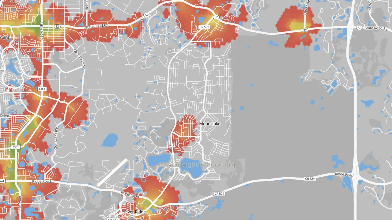 Walk Grade map of Moon Lake Estates, Moon Lake, FL, walkable areas in green and car-dependent areas in red