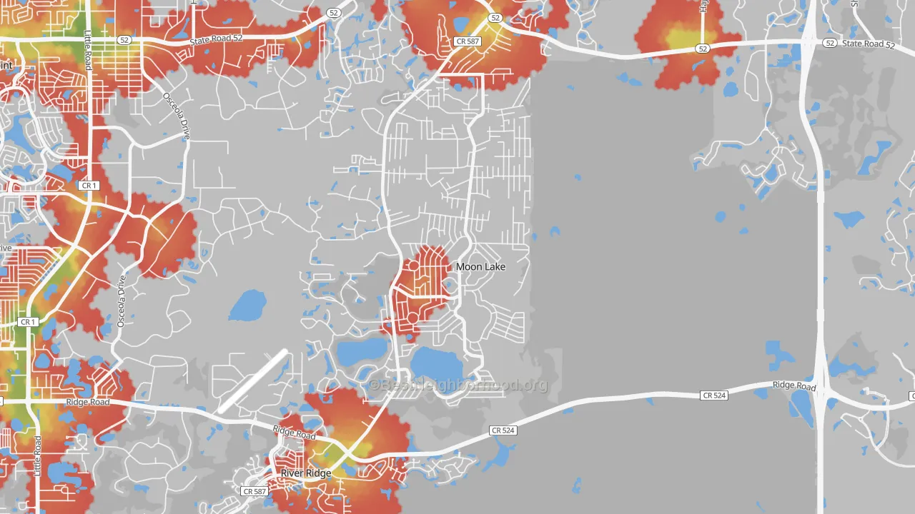 Walk Grade map of Moon Lake, FL, walkable areas in green and car-dependent areas in red