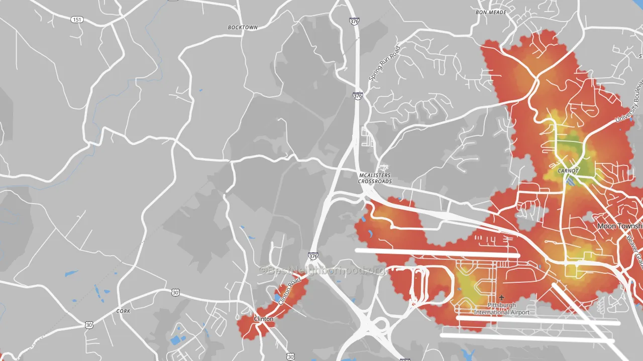 Walk Grade map of Moon, PA, walkable areas in green and car-dependent areas in red