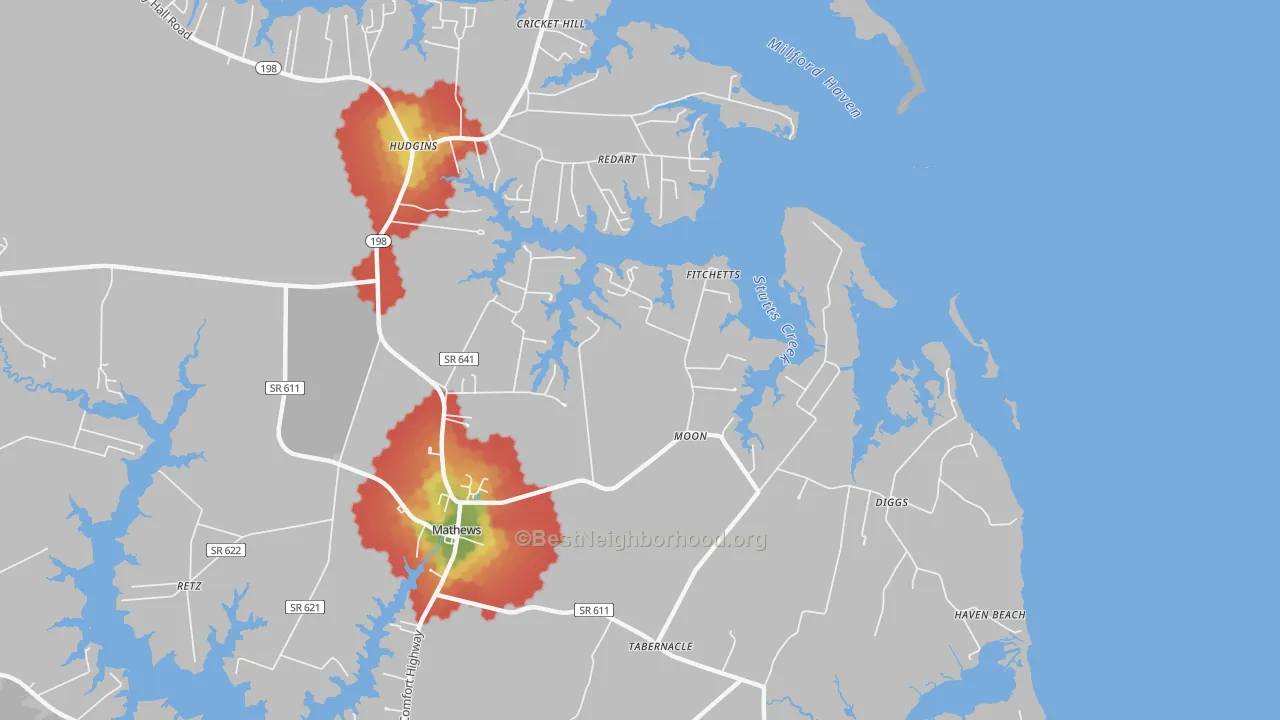 Walk Grade map of Moon, VA, walkable areas in green and car-dependent areas in red