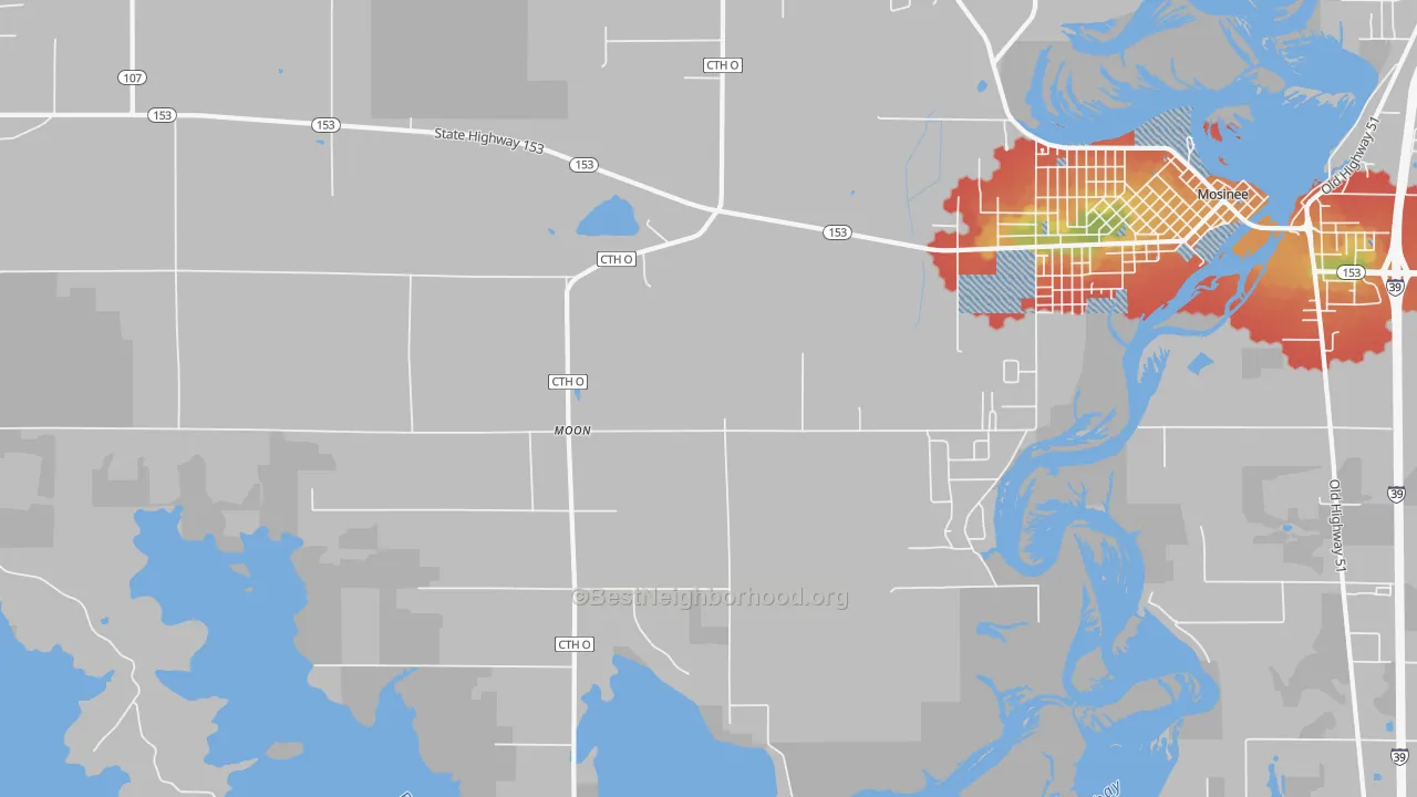 Walk Grade map of Moon, WI, walkable areas in green and car-dependent areas in red