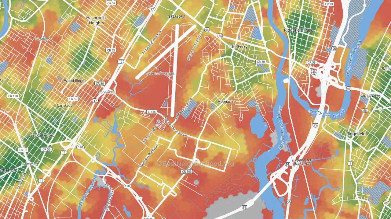 Walk Grade map of Moonachie, NJ, walkable areas in green and car-dependent areas in red