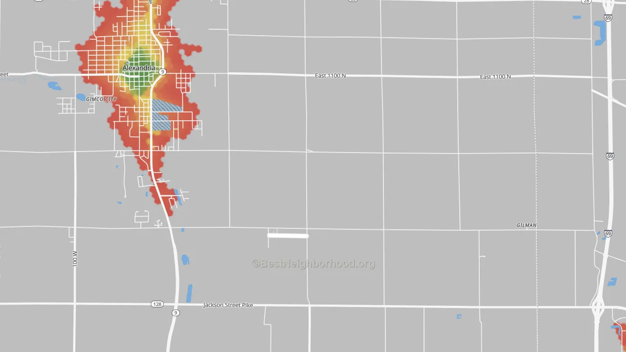 Walk Grade map of Moonville, IN, walkable areas in green and car-dependent areas in red