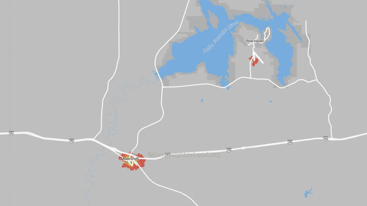 Walk Grade map of Moorcroft, WY, walkable areas in green and car-dependent areas in red