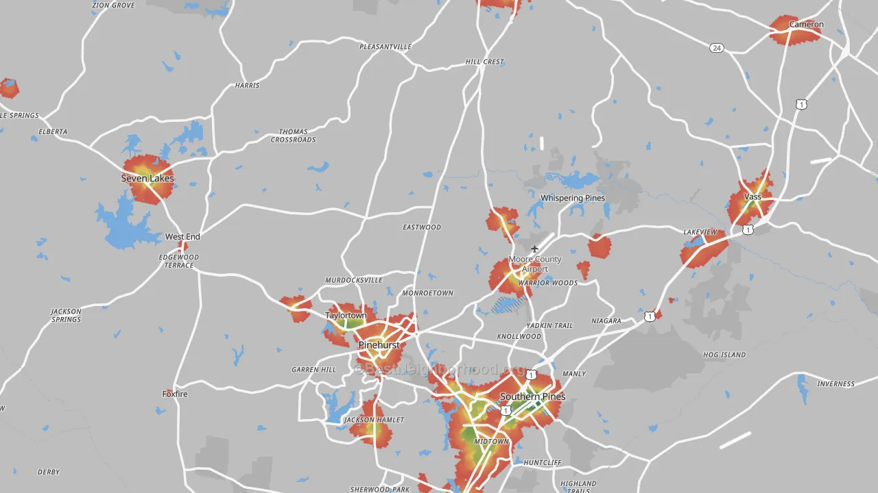 Walk Grade map of Moore County, NC, walkable areas in green and car-dependent areas in red