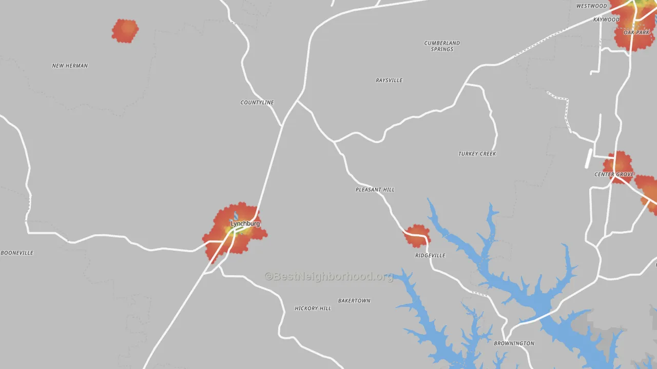 Walk Grade map of Moore County, TN, walkable areas in green and car-dependent areas in red