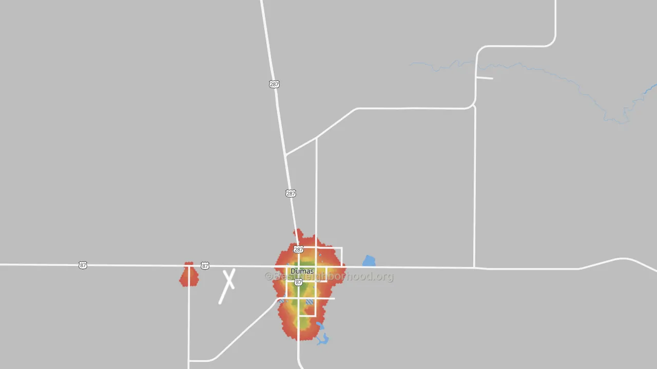 Walk Grade map of Moore County, TX, walkable areas in green and car-dependent areas in red