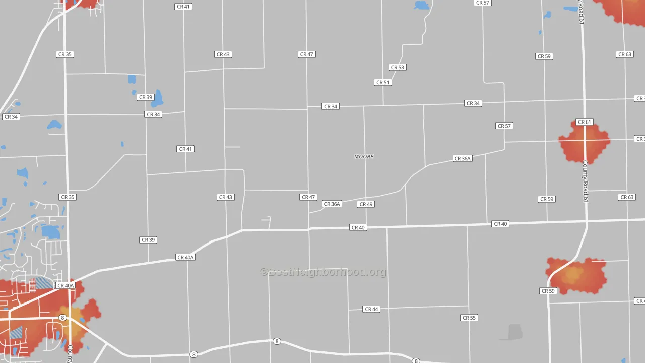 Walk Grade map of Moore, IN, walkable areas in green and car-dependent areas in red