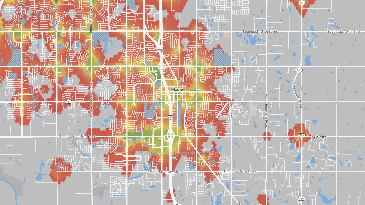 Walk Grade map of Moore, OK, walkable areas in green and car-dependent areas in red