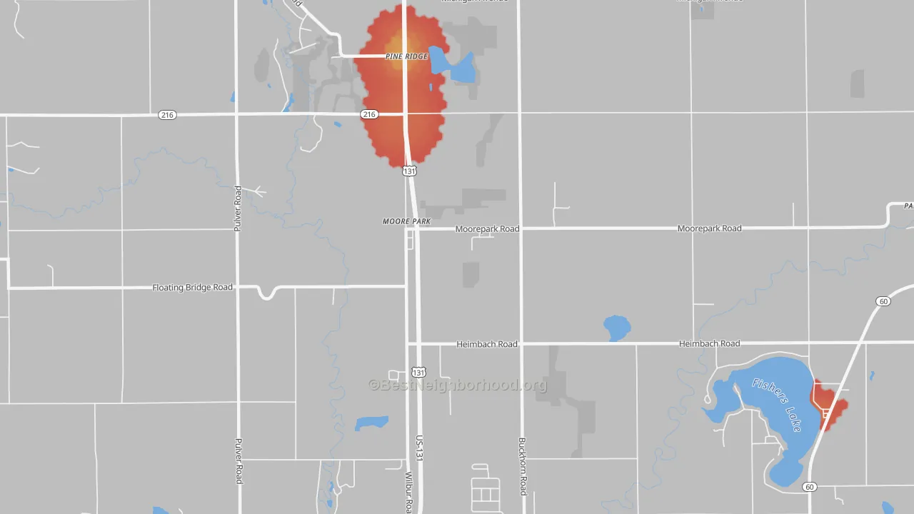 Walk Grade map of Moore Park, MI, walkable areas in green and car-dependent areas in red
