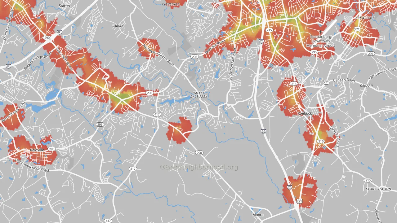 Walk Grade map of Moore, SC, walkable areas in green and car-dependent areas in red
