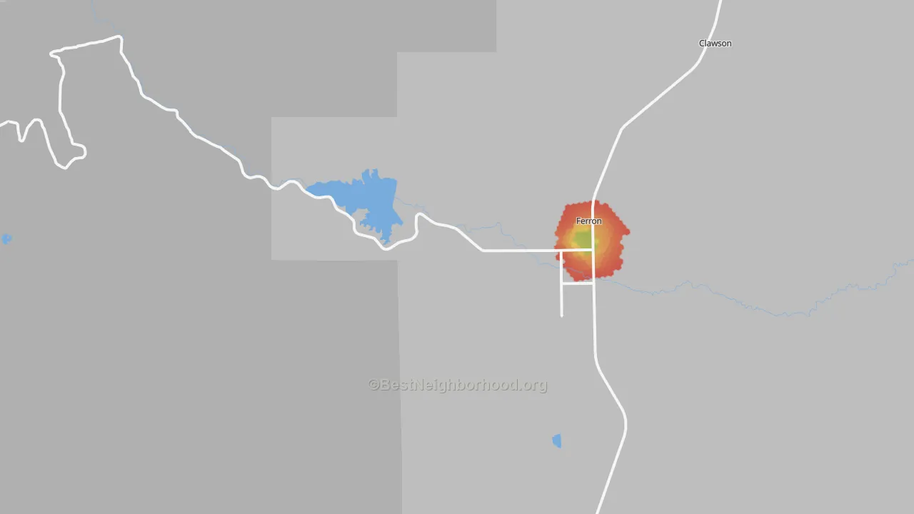 Walk Grade map of Moore, UT, walkable areas in green and car-dependent areas in red