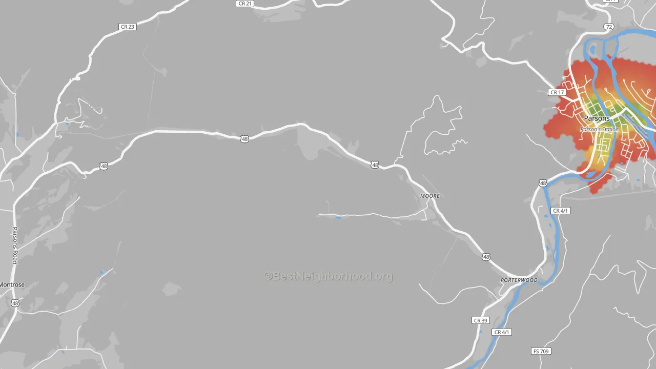 Walk Grade map of Moore, WV, walkable areas in green and car-dependent areas in red