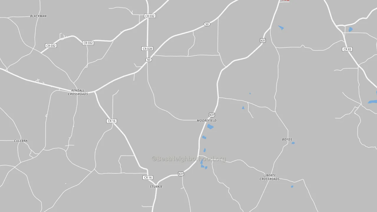 Walk Grade map of Moorefield, AL, walkable areas in green and car-dependent areas in red