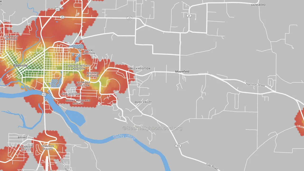 Walk Grade map of Moorefield, AR, walkable areas in green and car-dependent areas in red