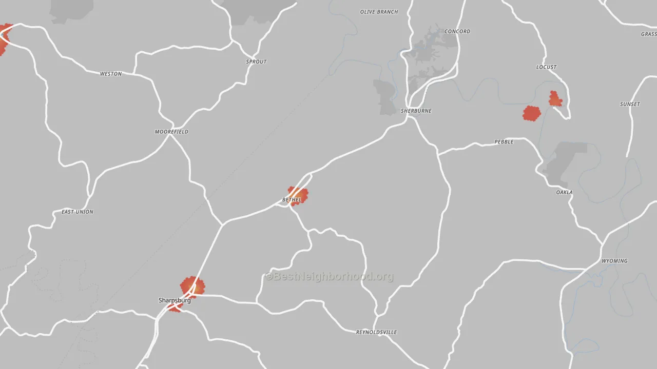 Walk Grade map of Moorefield, KY, walkable areas in green and car-dependent areas in red