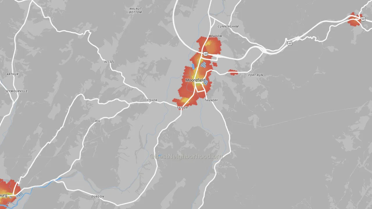 Walk Grade map of Moorefield, WV, walkable areas in green and car-dependent areas in red