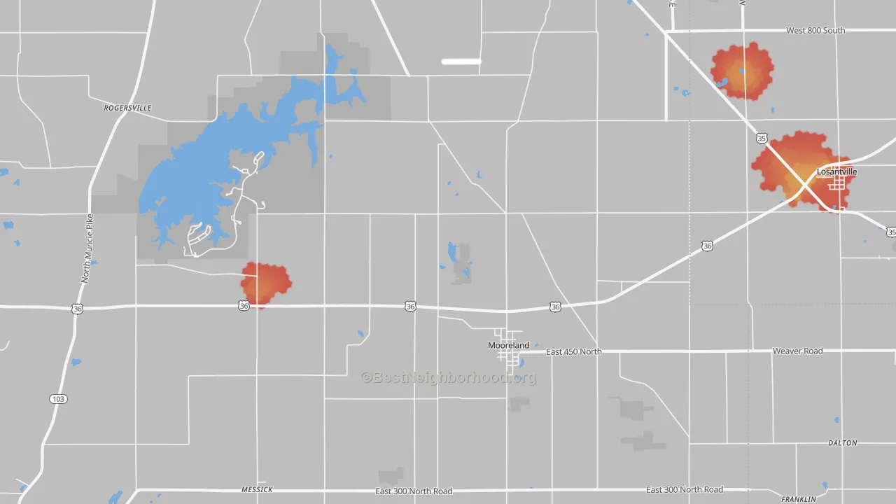 Walk Grade map of Mooreland, IN, walkable areas in green and car-dependent areas in red