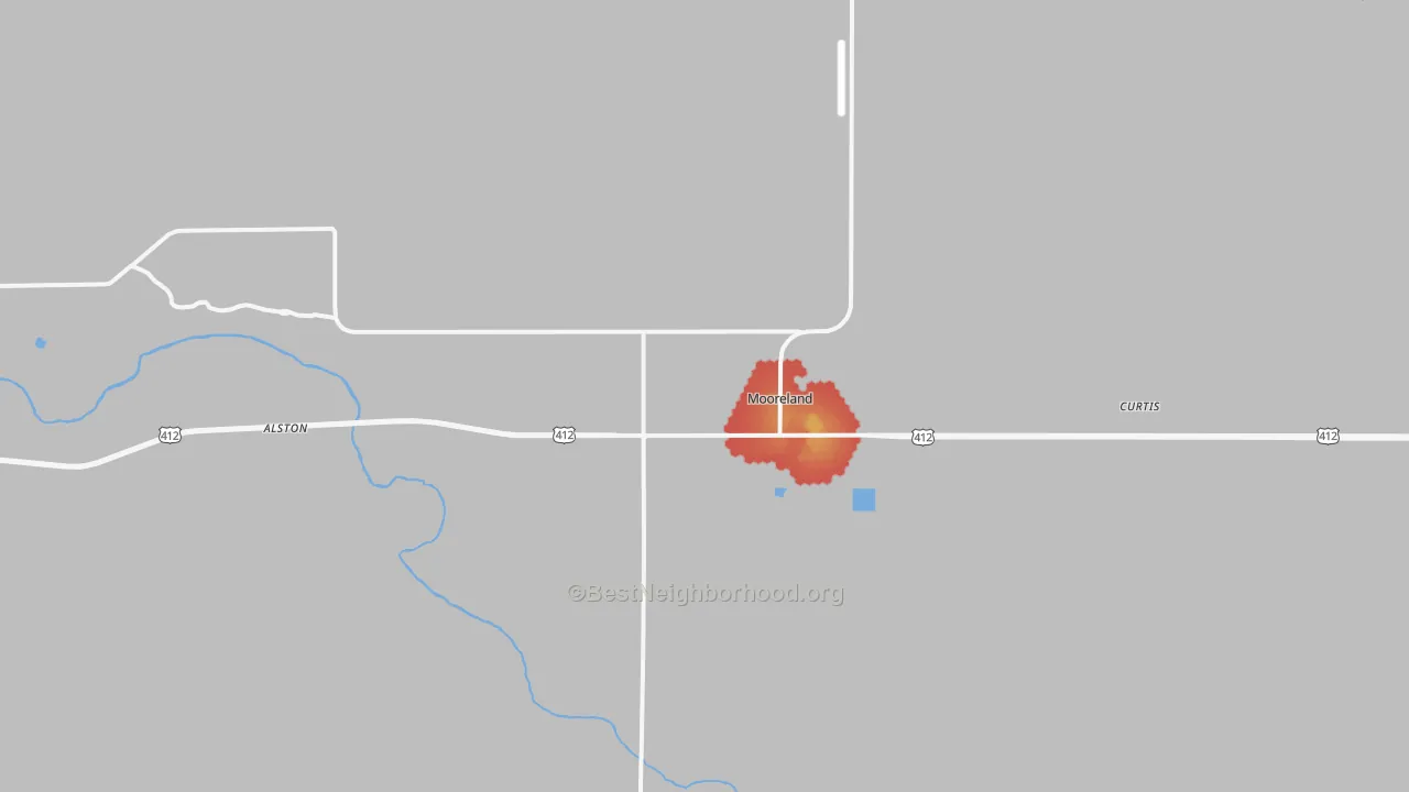 Walk Grade map of Mooreland, OK, walkable areas in green and car-dependent areas in red