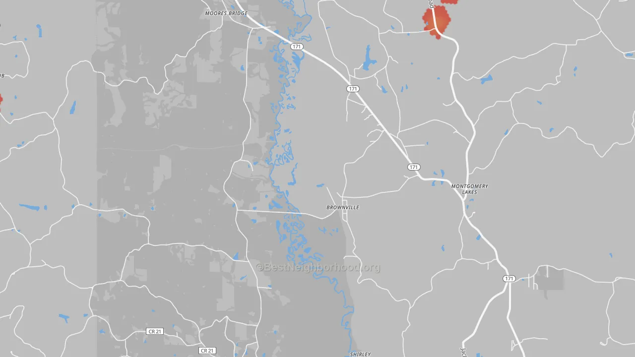 Walk Grade map of Moores Bridge, AL, walkable areas in green and car-dependent areas in red