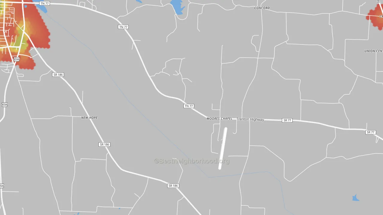 Walk Grade map of Moores Chapel, TN, walkable areas in green and car-dependent areas in red