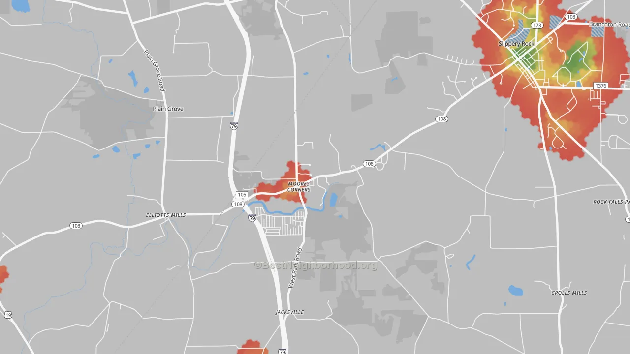 Walk Grade map of Moores Corners, PA, walkable areas in green and car-dependent areas in red