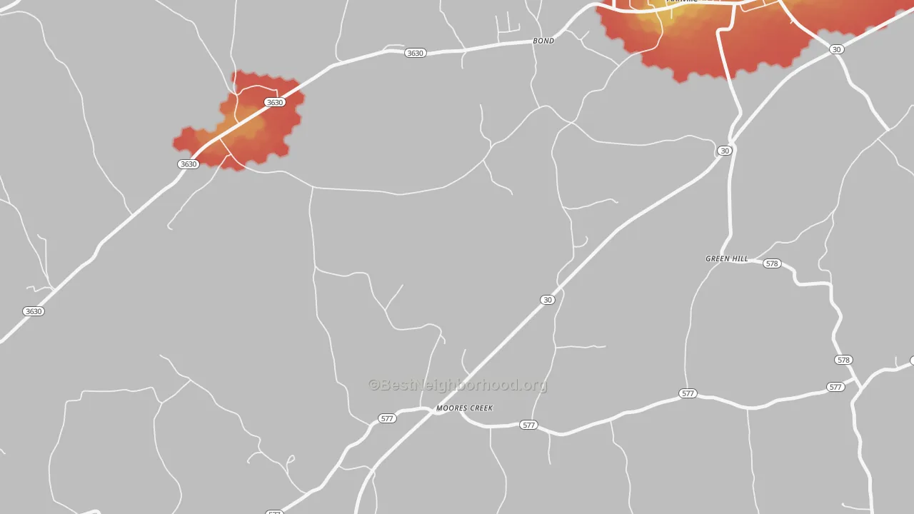 Walk Grade map of Moores Creek, KY, walkable areas in green and car-dependent areas in red