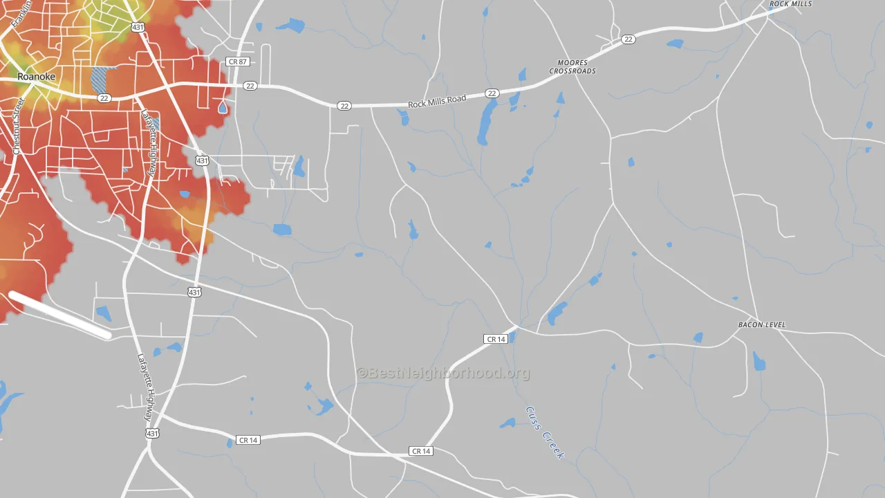 Walk Grade map of Moores Crossroads, AL, walkable areas in green and car-dependent areas in red