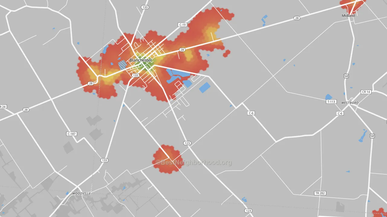 Walk Grade map of Moores Fork, OH, walkable areas in green and car-dependent areas in red