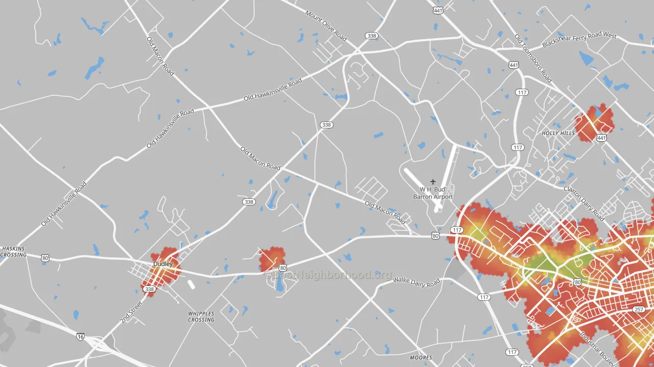 Walk Grade map of Moores, GA, walkable areas in green and car-dependent areas in red