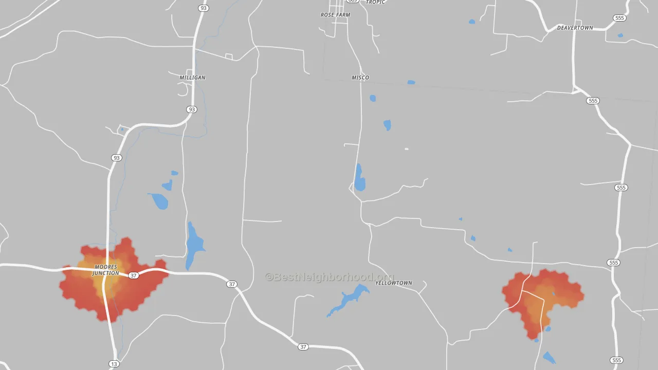 Walk Grade map of Moores Junction, OH, walkable areas in green and car-dependent areas in red
