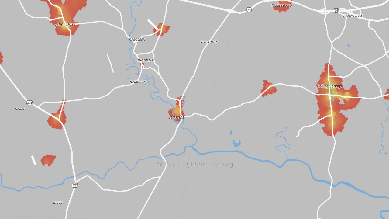 Walk Grade map of Mooresboro, NC, walkable areas in green and car-dependent areas in red