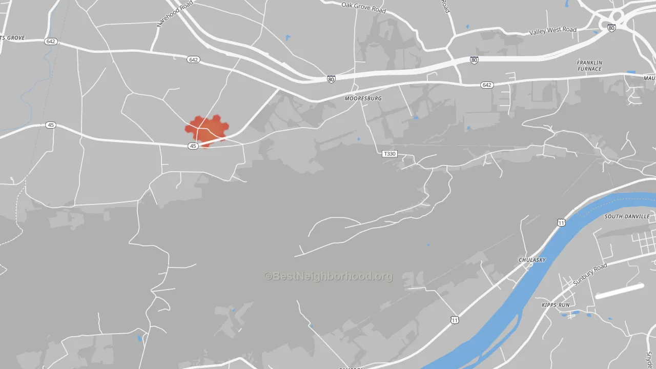 Walk Grade map of Mooresburg, PA, walkable areas in green and car-dependent areas in red