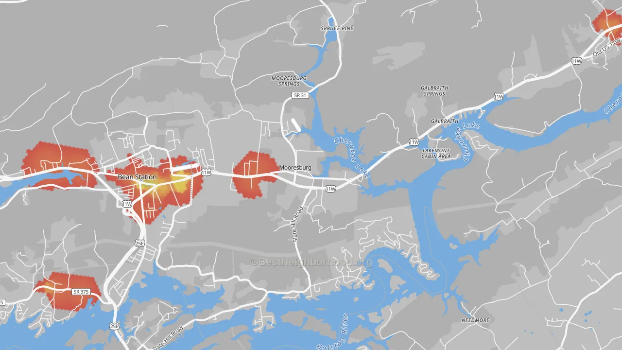 Walk Grade map of Mooresburg, TN, walkable areas in green and car-dependent areas in red